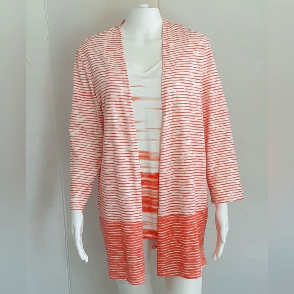 CHICO'S Orange|White Stripe 100% Organic Cotton Open Front Cardigan Twinset Sz 2